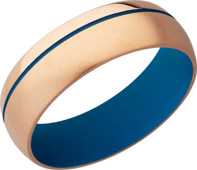 14K Rose Gold 7mm domed band with a .5mm off-centered groove featuring Sky Blue Cerakote