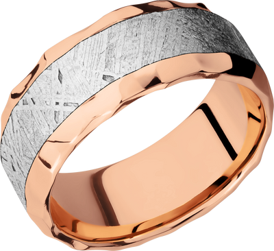 14K Rose gold 9mm beveled band with an inlay of authentic Gibeon Meteorite