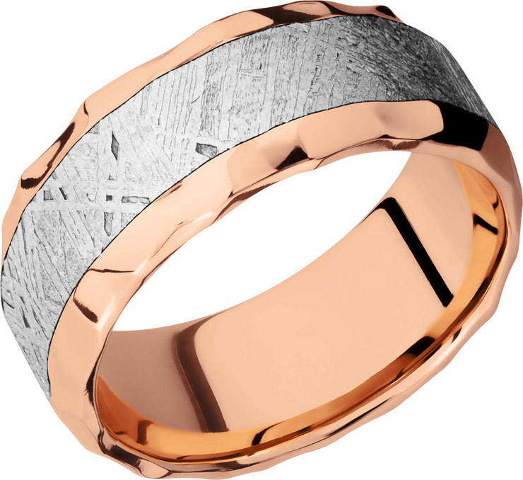 14K Rose gold 9mm beveled band with an inlay of authentic Gibeon Meteorite