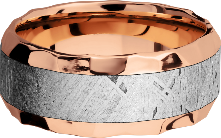14K Rose gold 9mm beveled band with an inlay of authentic Gibeon Meteorite