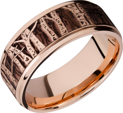 14K Rose gold 9mm flat band with grooved edges and a laser-carved aspen treeline