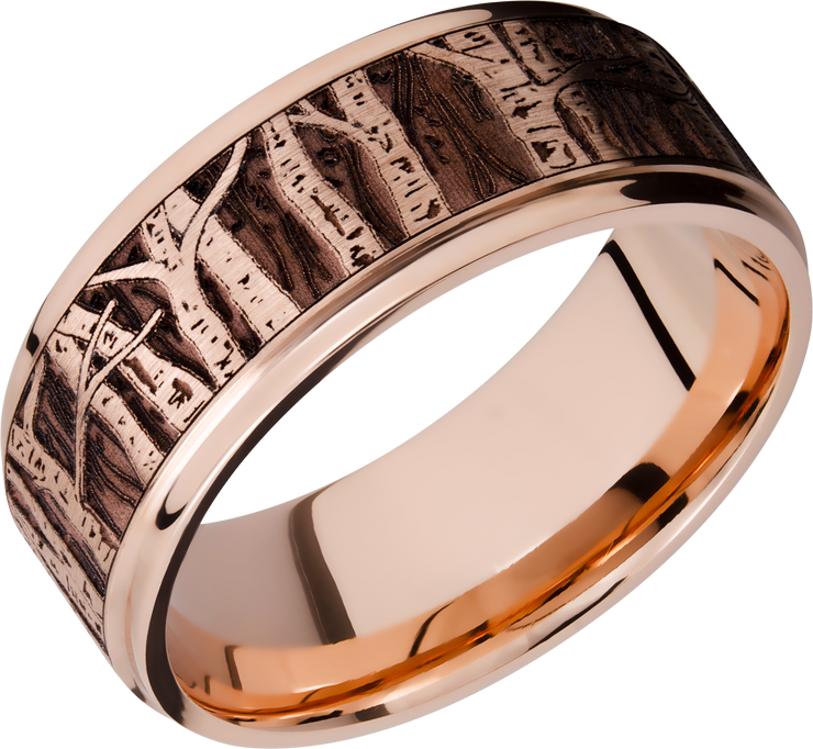14K Rose gold 9mm flat band with grooved edges and a laser-carved aspen treeline