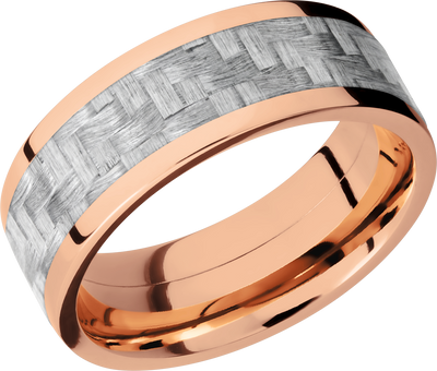14K Rose Gold 8mm flat band with a 5mm inlay of silver Carbon Fiber