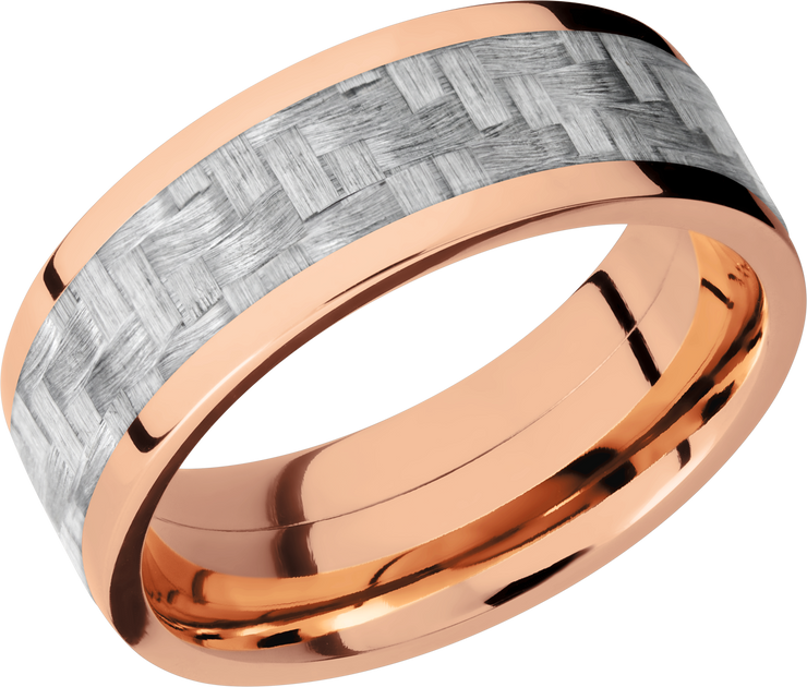 14K Rose Gold 8mm flat band with a 5mm inlay of silver Carbon Fiber