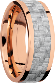 14K Rose Gold 8mm flat band with a 5mm inlay of silver Carbon Fiber