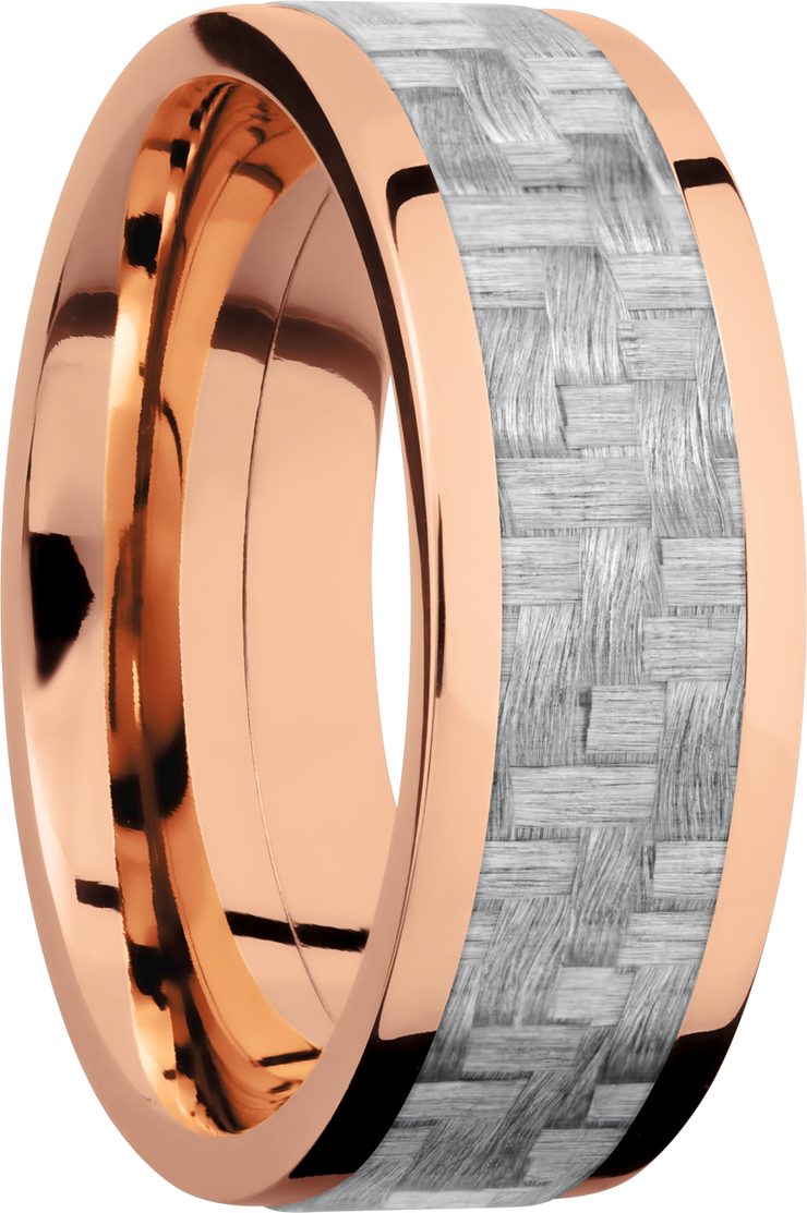 14K Rose Gold 8mm flat band with a 5mm inlay of silver Carbon Fiber