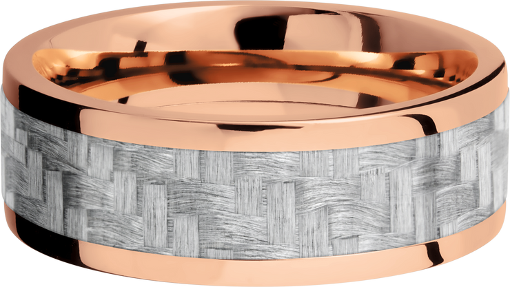 14K Rose Gold 8mm flat band with a 5mm inlay of silver Carbon Fiber