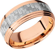 14K Rose Gold 9mm flat band with 2 grooved edges and a 4mm inlay of silver Carbon Fiber