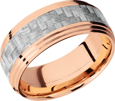 14K Rose Gold 9mm flat band with 2 grooved edges and a 4mm inlay of silver Carbon Fiber