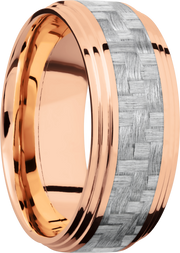14K Rose Gold 9mm flat band with 2 grooved edges and a 4mm inlay of silver Carbon Fiber