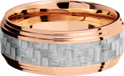 14K Rose Gold 9mm flat band with 2 grooved edges and a 4mm inlay of silver Carbon Fiber