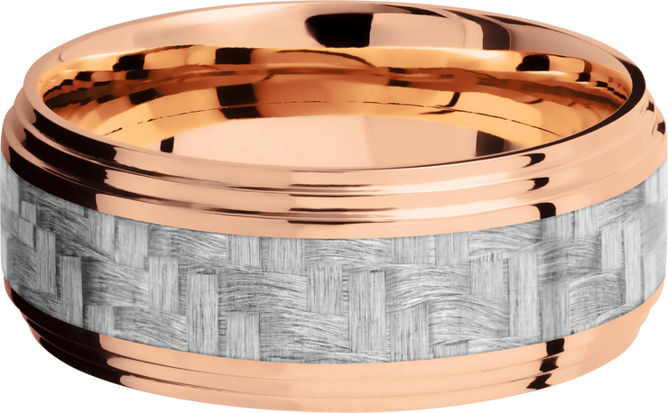 14K Rose Gold 9mm flat band with 2 grooved edges and a 4mm inlay of silver Carbon Fiber