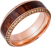 14k Rose Gold 8.5mm beveled band with an inlay of exotic Natcoco hardwood and eternity chocolate diamond accents