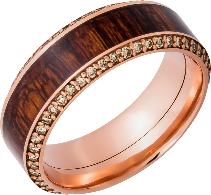 14k Rose Gold 8.5mm beveled band with an inlay of exotic Natcoco hardwood and eternity chocolate diamond accents