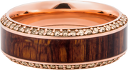 14k Rose Gold 8.5mm beveled band with an inlay of exotic Natcoco hardwood and eternity chocolate diamond accents