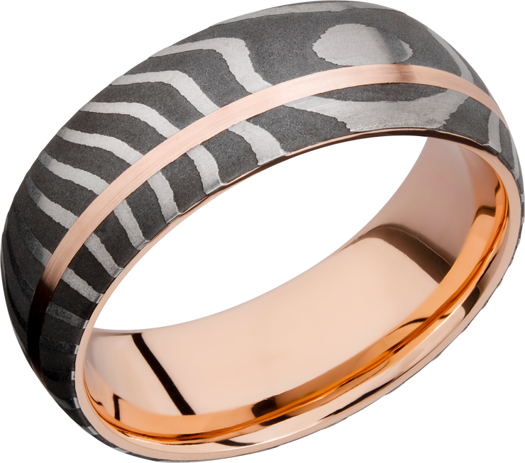 Handmade 8mm Tiger Damascus steel band featuring a sleeve and off-center inlay of 14K rose gold