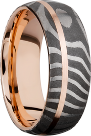 Handmade 8mm Tiger Damascus steel band featuring a sleeve and off-center inlay of 14K rose gold