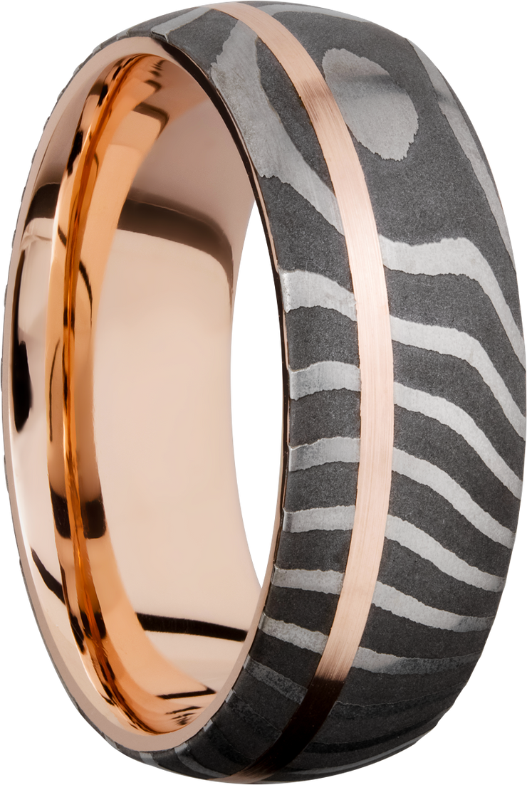 Handmade 8mm Tiger Damascus steel band featuring a sleeve and off-center inlay of 14K rose gold