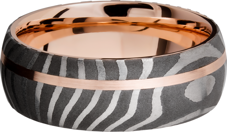 Handmade 8mm Tiger Damascus steel band featuring a sleeve and off-center inlay of 14K rose gold