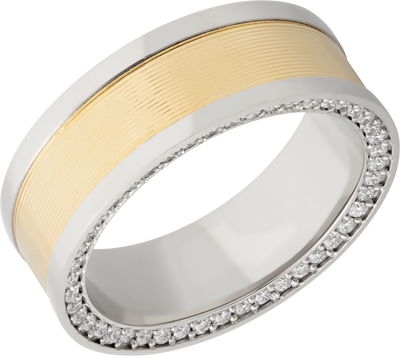 14K White gold 8mm flat band with an inlay of 14K yellow gold and bead-set .01ct side eternity diamonds