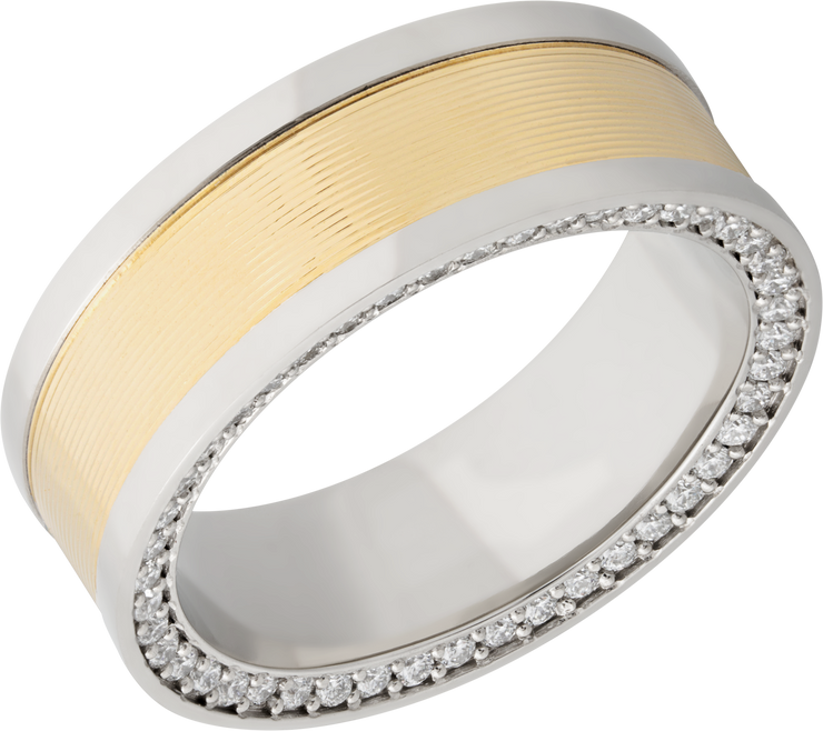 14K White gold 8mm flat band with an inlay of 14K yellow gold and bead-set .01ct side eternity diamonds
