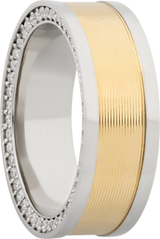 14K White gold 8mm flat band with an inlay of 14K yellow gold and bead-set .01ct side eternity diamonds