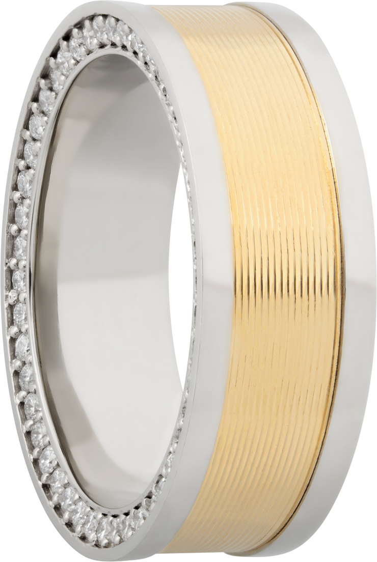 14K White gold 8mm flat band with an inlay of 14K yellow gold and bead-set .01ct side eternity diamonds