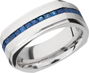 14K White gold 8mm flat square band with grooved edges and eternity-set sapphires
