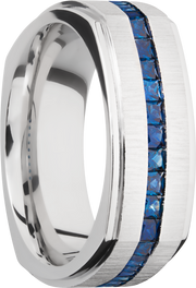 14K White gold 8mm flat square band with grooved edges and eternity-set sapphires