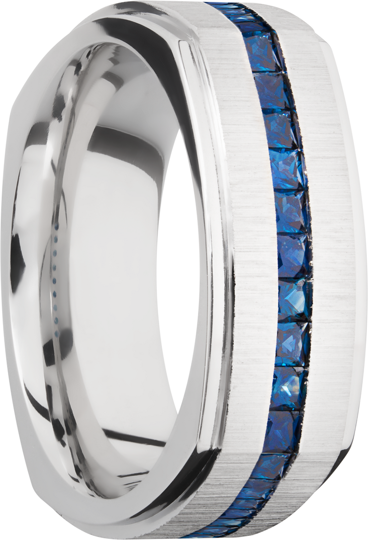 14K White gold 8mm flat square band with grooved edges and eternity-set sapphires