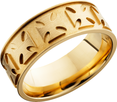 14K Yellow gold 8mm flat band with a laser-carved maltese pattern