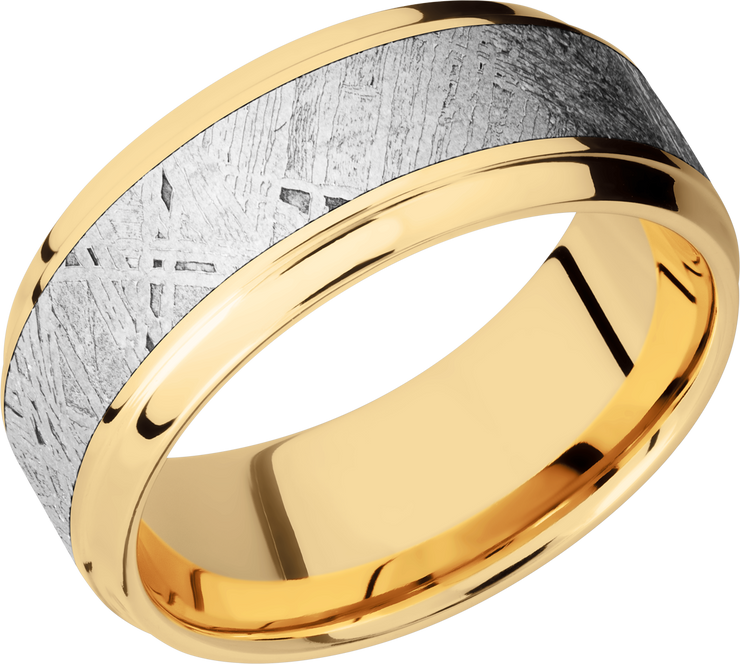 14K Yellow gold 9mm beveled band with an inlay of authentic Gibeon Meteorite
