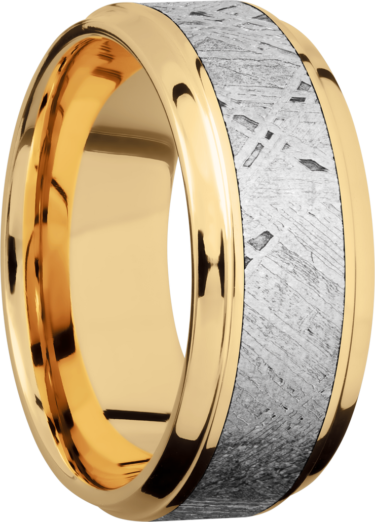 14K Yellow gold 9mm beveled band with an inlay of authentic Gibeon Meteorite