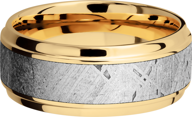 14K Yellow gold 9mm beveled band with an inlay of authentic Gibeon Meteorite