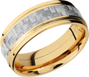 14K Yellow Gold 8mm flat band with grooved edges and a 4mm inlay of black Carbon Fiber inside reverse milgrain detail