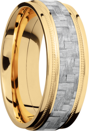 14K Yellow Gold 8mm flat band with grooved edges and a 4mm inlay of black Carbon Fiber inside reverse milgrain detail