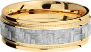14K Yellow Gold 8mm flat band with grooved edges and a 4mm inlay of black Carbon Fiber inside reverse milgrain detail