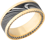 18K Yellow gold 8mm flat band with an inlay of handmade woodgrain Damascus steel and black diamond eternity accents