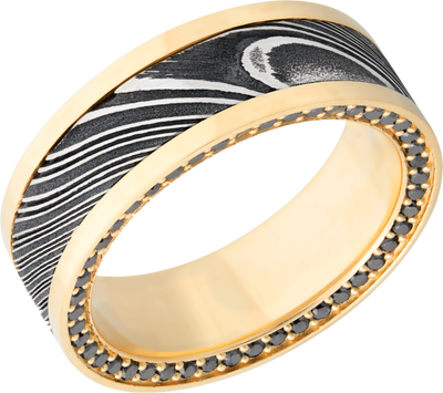 18K Yellow gold 8mm flat band with an inlay of handmade woodgrain Damascus steel and black diamond eternity accents