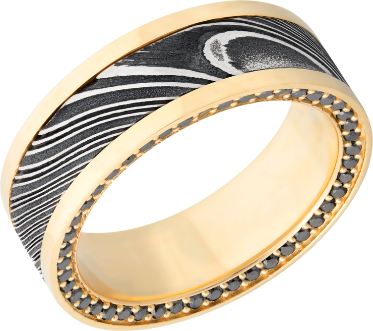 18K Yellow gold 8mm flat band with an inlay of handmade woodgrain Damascus steel and black diamond eternity accents