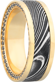18K Yellow gold 8mm flat band with an inlay of handmade woodgrain Damascus steel and black diamond eternity accents