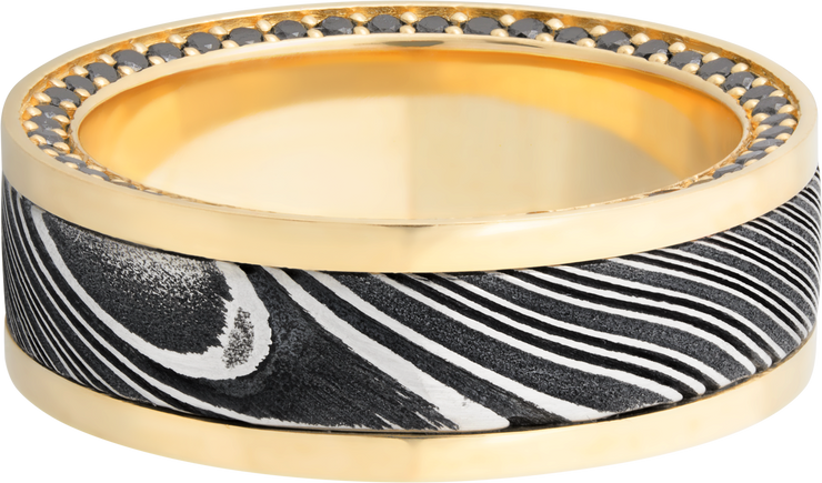 18K Yellow gold 8mm flat band with an inlay of handmade woodgrain Damascus steel and black diamond eternity accents