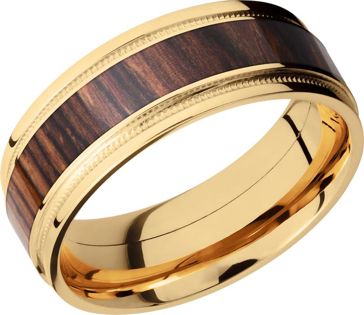 18K Yellow gold 8mm flat band with grooved edges, reverse milgrain detail and an inlay of Natcoco hardwood
