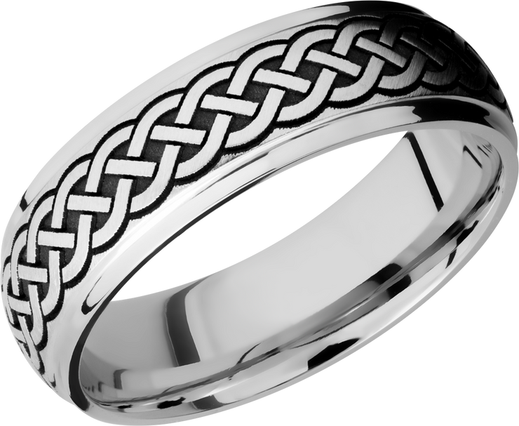 Titanium 7mm domed band with grooved edges and a laser-carved celtic pattern
