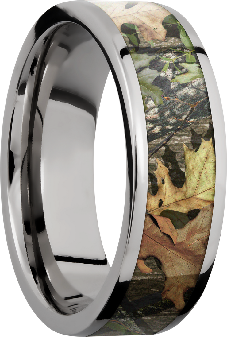 Titanium 7mm flat band with a 5mm inlay of Mossy Oak Obsession Camo