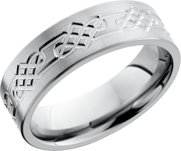 Titanium 7mm flat band with a laser-carved celtic loop pattern