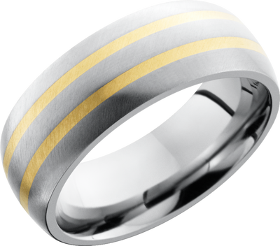 Titanium 8mm domed band with 2, 1mm inlays of 14K yellow gold