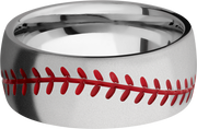 Titanium 8mm domed band with a laser-carved baseball stitching pattern and Cerakote in the pattern recesses