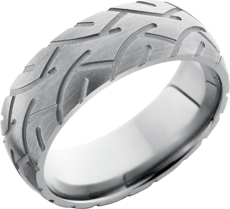 Titanium 8mm domed band with a laser-carved cycle pattern