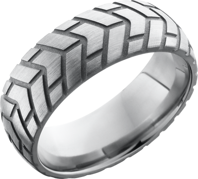 Titanium 8mm domed band with a laser-carved cycle pattern